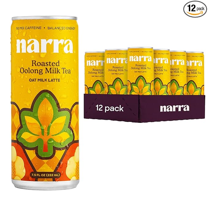 Narra, Oat Milk Tea Latte - Roasted Oolong Tea, Hojicha, Natural Caffeine & L-Theanine, Organic Oat Milk, MCT Oil, Dairy Free, No Refined Sugar, Non-GMO, 7.5 Fl Oz (12 Pack)