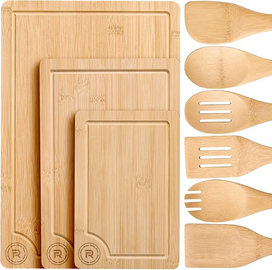 Riveira Bamboo Cutting Boards For Kitchen with Wooden Spoons For Cooking – Set of 3 Pcs Wooden Cutting Board & 6 Bamboo Spoons – Wooden Cutting Boards For Kitchen – Complete Wooden Cooking Utensils