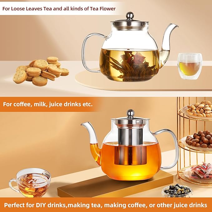1100ml Glass Teapot with Removable Infuser,37oz Borosilicate Clear Tea Kettle,Stovetop Microwave Safe,Blooming and Loose Leaf Tea Maker Gift