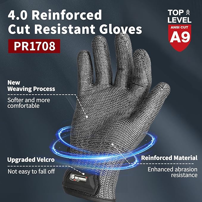 Schwer Ultimate Cut Resistant Gloves Beyond ANSI A9, Reinforced Stainless Steel Glove, Food Grade Mesh Metal Gloves for Butcher Meat Cutting, Oyster Shucking, Mandoline, Non-PFAS, PR1708 (L, 1 PCS)