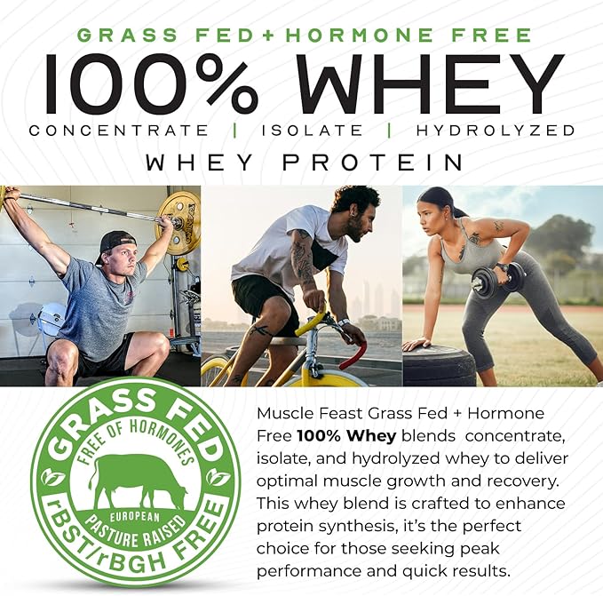 Muscle Feast 100% Grass Fed Whey Protein Powder, All Natural Hormone Free Paure Raised Whey Protein Powder for Women & Men- Whey Concentrate, Isolate & Hydrolyzed Protein Powder Blend - Chocolate, 2lb
