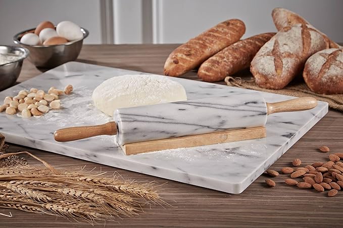 JEmarble Pastry Board 16x20 inch Set with Rolling Pin/Wooden Handles 18 inch(White) Non-Slip Rubber Feets for Stability Perfect for Keep the Dough Cool and Chocolate Tempering(Premium Quality)