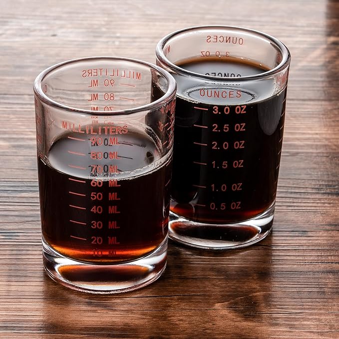 2 Pack Shot Glass Measuring Cup Set,3 oz/90 ML Liquid Heavy High Espresso Glass Cup,Dishwasher Safe,Measurement of Dry and Liquid Ingredients(Red Line)