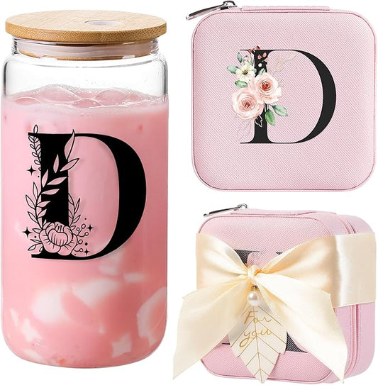 AYGXU Jewelry Box & Glass Set, Pink, Personalized Initial, Small Travel Case, Graduation Gift for Girls