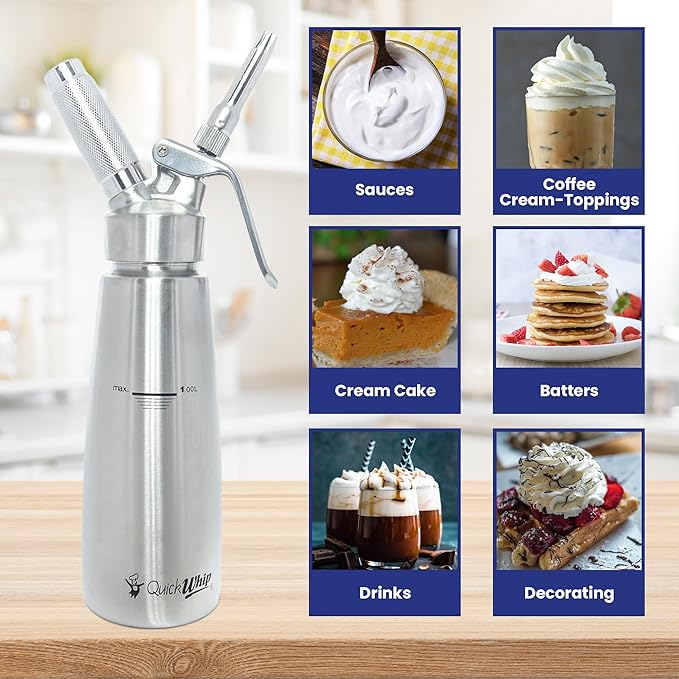 Stainless Steel Whipped Cream Dispenser, Professional Grade Whipper, Full Canister, with 3 Decorating Tip Nozzels, Ideal for Baking, Desserts, & Culinary Creations (1L)