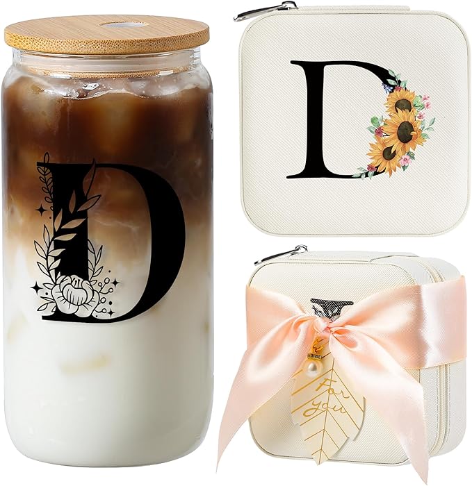 AYGXU Graduation gifts for girls,high school graduation gifts for her,Small Jewelry Travel Case,16oz glass cups with lids and straws,Graduation Travel Essentials,Initial D white