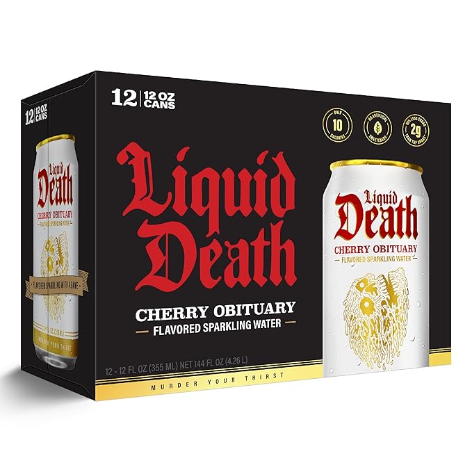 Liquid Death, Cherry Obituary, Soda-Flavored Sparkling Water, 12-Pack (12oz Cans), Low Sugar, Huge Flavor & No Artificial Sweeteners