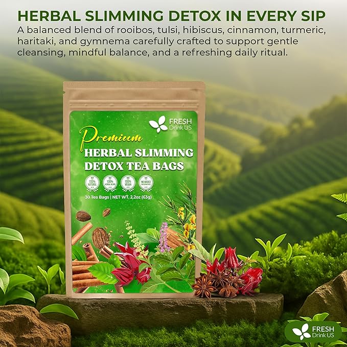FreshDrinkUS, 30 Tea Bags Herbal Tea – Caffeine-Free Herbal Tea with Rooibos, Turmeric & Hibiscus – Loose Leaf Blend for Daily Rituals and Clean Living – Vegan, No Additives