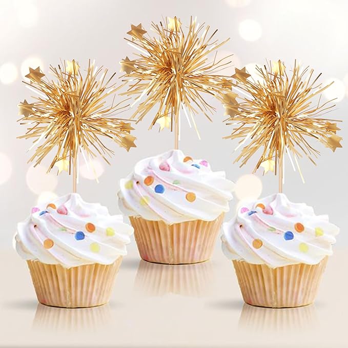 30 PCS Foil Firework Cupcake Toppers Happy Birthday Cake Toppers Star Sparkle Tinsel Flower Drink Stirrers Cocktail Fruit Toothpicks for Valentine's Day Baby Shower Birthday Party Supplies Gold