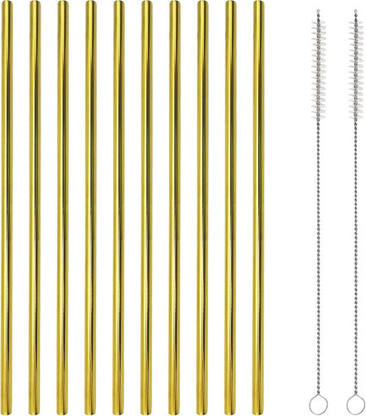10 Pcs Stainless Steel Straws, Reusable Drinking Straws, Straight Metal Straw Sets with 2 Pcs Cleaning Brushes (8.5 Inch, Gold)