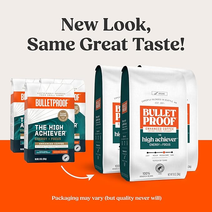 Bulletproof The High Achiever Ground Mushroom Coffee, 10oz (Pack of 3), High Caffeine with Lion's Mane, B Vitamins and Adaptogens for Energy & Focus, Medium-Dark Roast