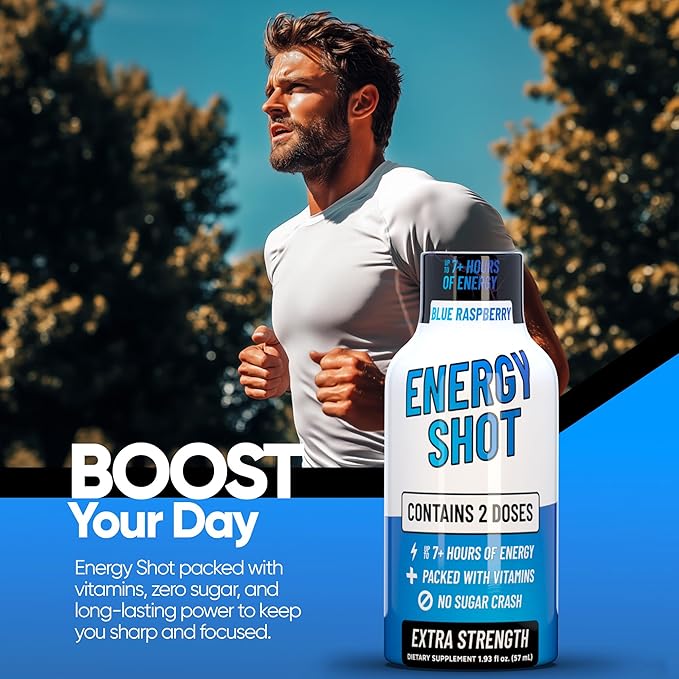 Blue Raspberry Extra Strength Energy Shot 12 pk – 260mg Natural Caffeine B12 B6 – Energy & Focus Support – 2 Servings Sugar Free Zero Calorie Green Tea B-Vitamins Electrolytes Vegan – 1.93 fl oz