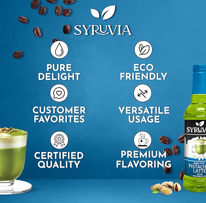 Syruvia Sugar Free Coffee Syrup, Pistachio Latte Flavored Syrup for Drinks, Lattes, and Desserts – 25.4 fl oz, With Pump