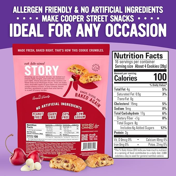 Cooper Street Twice-Baked Cherry White Chip Biscotti Cookies (16 oz Pack of 4) – Over 50 Biscotti Cookies per Bag Loaded with Real Fruit, Traditional Italian Style Snacks - Dairy, Peanut & Soy Free