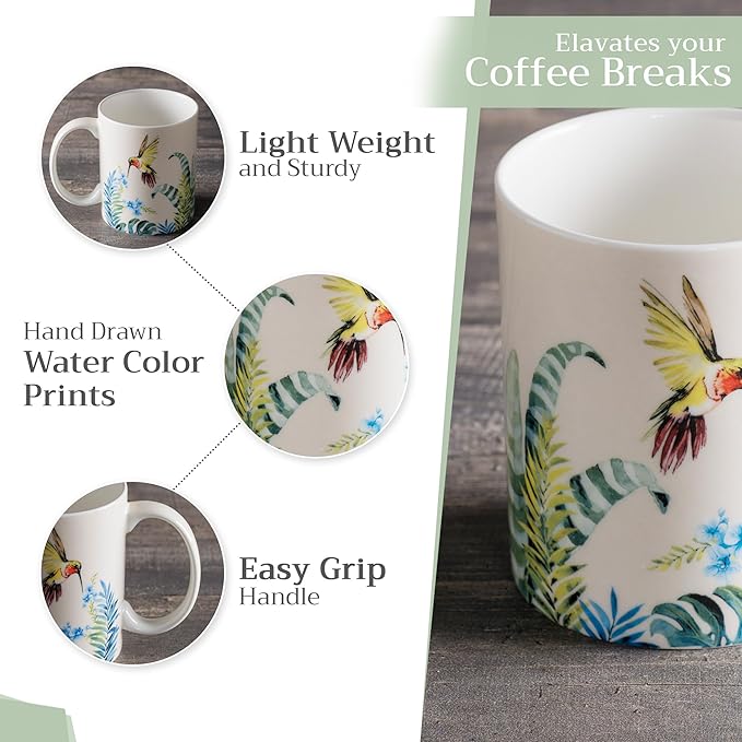Maison d' Hermine Coffee Mug with Handles Fine Bone China Mugs Pack of Two Tea Cups for Hot Beverages Cappuccino Latte Home Restaurant Office Perfect for Gift (Tropiques, 12 Ounce)