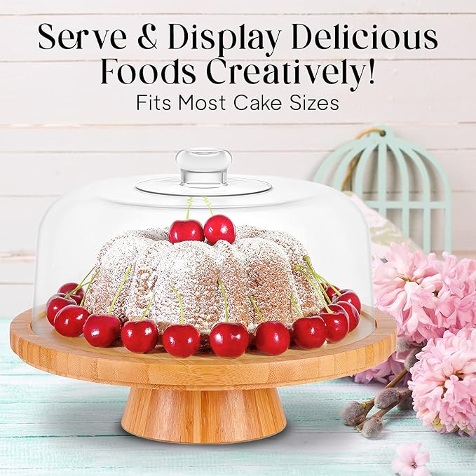 Homeries Bamboo Cake Stand with Lid, Cake Plate, (6 in 1) Multi-Functional Serving Platter, Large Cake Stand with Dome, Cake Display Stand with lid & Cake Dome - Use as Cake Holder, Cake Cover