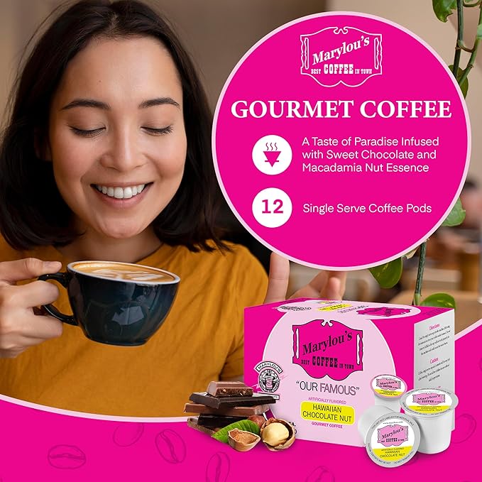 Marylou's Hawaiian Chocolate Nut Flavored Gourmet Coffee – Single Serve Coffee Pods, Compatible with Keurig Brewers – 12 Pods