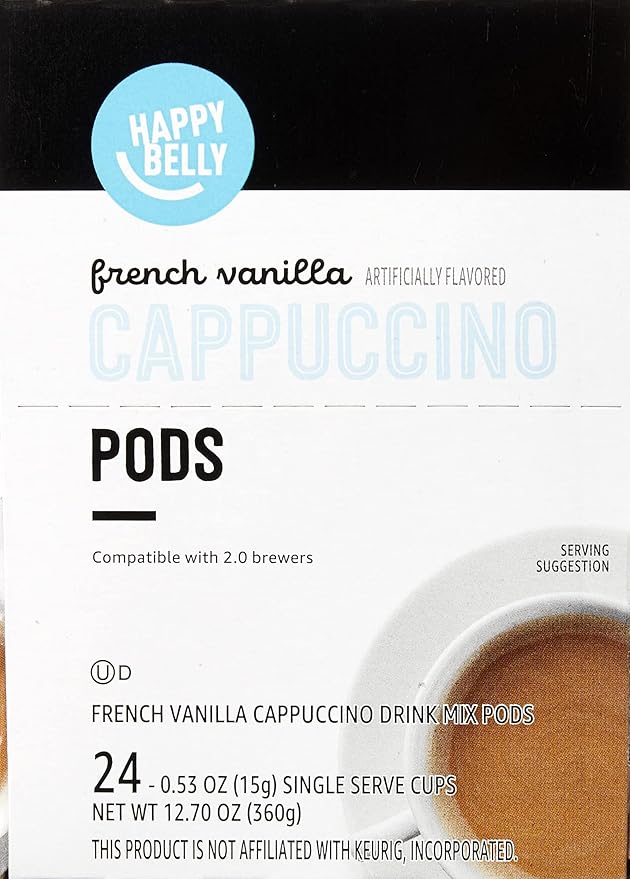 Amazon Brand - Happy Belly Cappuccino Coffee Pods Light Roast Compatible with 2.0 K-Cup Brewers, French Vanilla Flavored, 24 Count, 1.5 pound (Pack of 1)