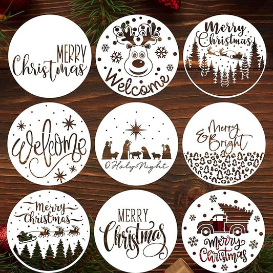 Christmas Stencils 12” Christmas Stencil for Wood Round Xmas Stencil for Painting Holiday Stencils Merry Christmas Holy Night Drawing Templates for Door Hanger Porch Wreath Home Decor