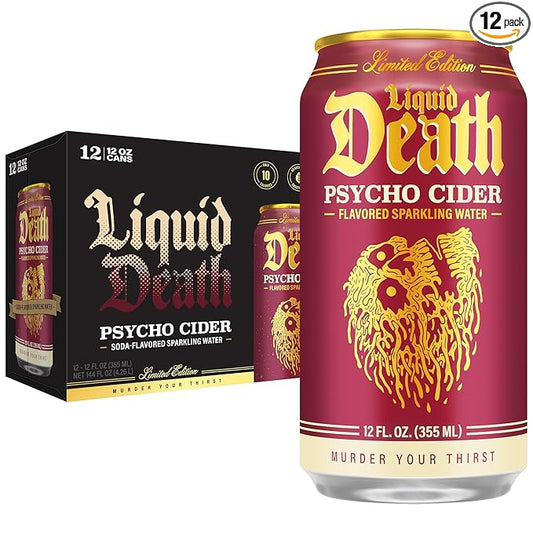 Liquid Death, Psycho Cider, Apple Cider-Flavored Sparkling Water, 12-Pack (12oz Cans), Low Sugar, Huge Flavor & No Artificial Sweeteners