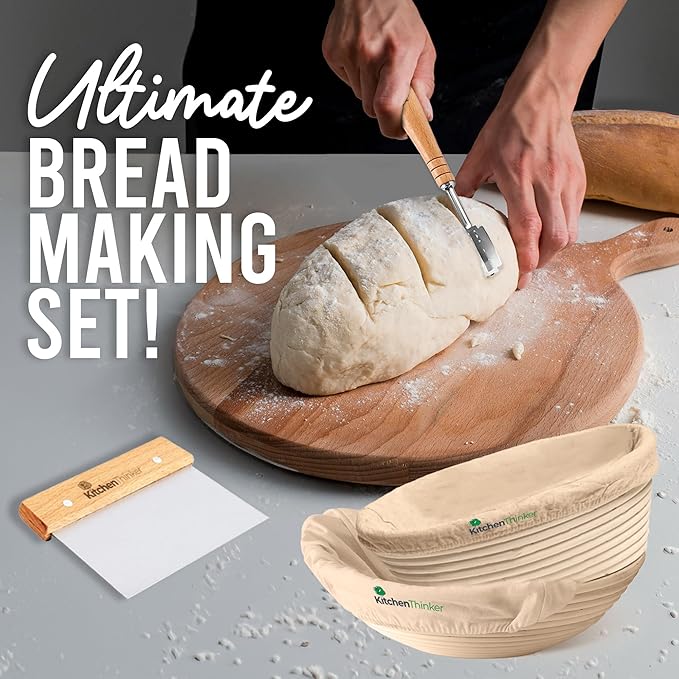 Banneton Bread Proofing Basket, Sourdough Bread Baking Supplies with 9 Inch Round and 10 Inch Oval Banneton Basket, Danish Dough Whisk,Dough Scraper and Bread Lame