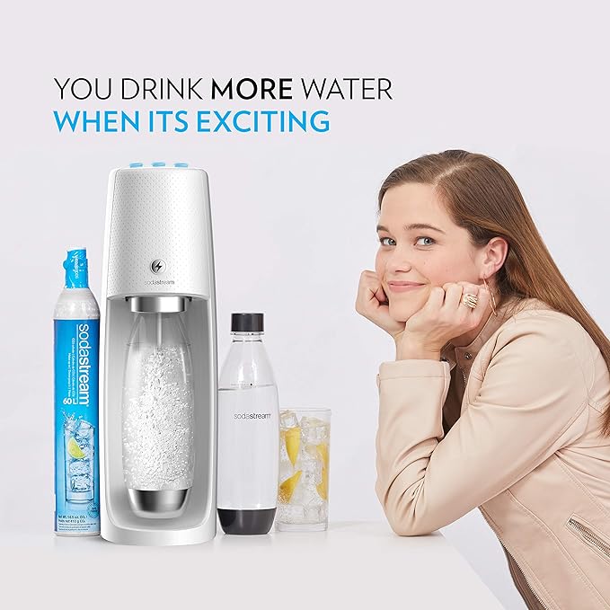 SodaStream One Touch Electric Sparkling Water Maker Bundle (White) with CO2, BPA free Bottles, and 0 Calorie Fruit Drops Flavors