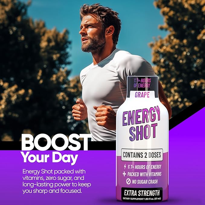 Grape Extra Strength Energy Shot 12 pk – 260mg Natural Caffeine B12 B6 – Energy & Focus Support – 2 Servings Sugar Free Zero Calorie Green Tea B-Vitamins Electrolytes Vegan – 1.93 fl oz