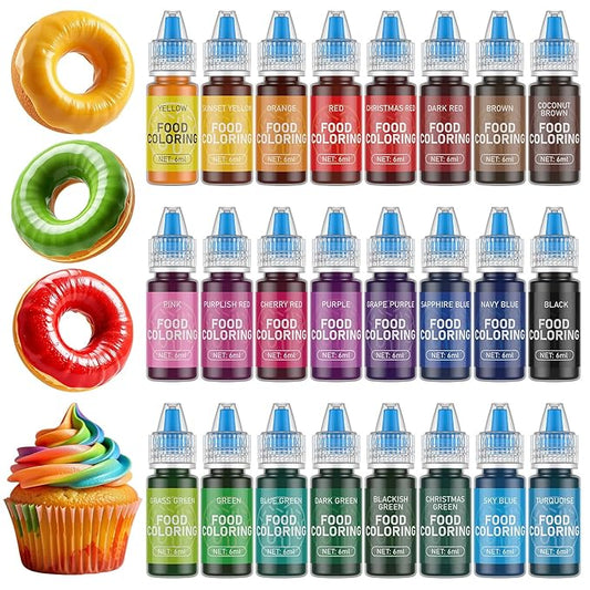 Food Coloring for Baking-24 Color Food Grade Vibrant Cake Coloring Liquid Set for Cake Decorating, Baking, Cookies, Easter Egg, Making DIY Supplies Kit- 0.25 Fl. oz (6 ml)/Bottles