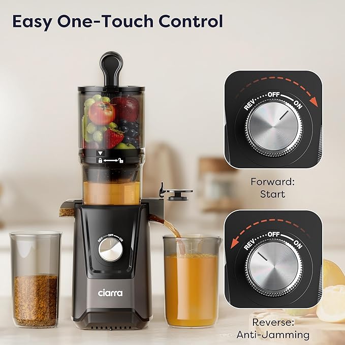 Ciarra Cold Press Juicer - 4.3” XL Feed Chute, Quiet Motor, 406Oz BPA-Free Juicer Machines, 90% Juice Yield Slow Masticating Juicer for Whole Fruits & Vegetables, Easy to Clean