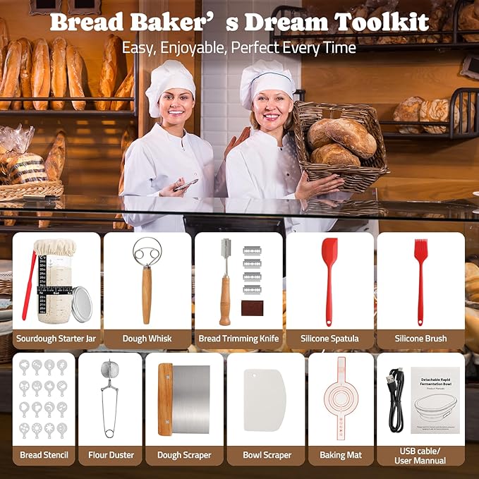Heating Complete Sourdough Starter Kit, 2L Electric Thermostatic Silicone Oval Foldable Banneton Bread Proofing Basket with 6 Timer & Temp Settings for Dough Rising, Dishwasher Safe, Bread Making Kit