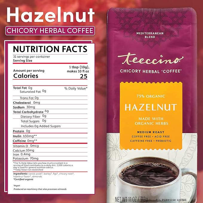 Teeccino Hazelnut Chicory Coffee Alternative - 11 Ounce - Ground Herbal Coffee That’s Prebiotic, Caffeine Free & Acid Free, Medium Roast, (Pack of 3)