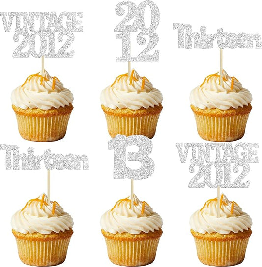 Gyufise 24Pcs 13th Birthday Cupcake Toppers Glitter Thirteen Vintage 2012 Hello 13 Years Birthday Cupcake Picks Official Teenager 13 Cake Decorations for Happy 13th Anniversary Party Silver