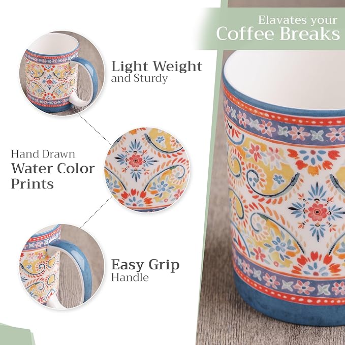 Maison d' Hermine Coffee Mug with Handles Fine Bone China Mugs Pack of One Tea Cups for Hot Beverages Cappuccino Latte Home Restaurant Office Perfect for Gift (Indian Floral - Butta, 12 Ounce)