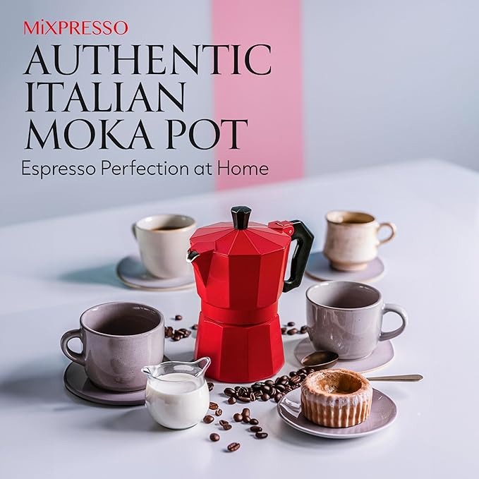 Mixpresso Red 3 Cup Moka Pot Cuban Coffee Maker, Moka Pot for Gas, Electric Stove Top, Classic Italian Coffee Maker, Stovetop Espresso Maker, Camping Pot Makes 3 Espresso Cup 5 Oz - Mug 4.4 Oz