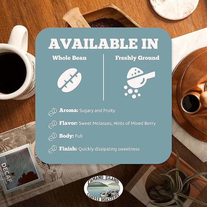 Camano Island Coffee Roasters Decaf Espresso Blend, Whole Bean 2lb, Fresh Dark Roast Swiss Water Processed, USDA Organic, Fairly Traded, Shade Grown Top 1% Arabica, Sweet Molasses, Mixed Berry Flavor