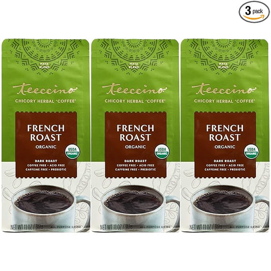 Teeccino French Roast Chicory Coffee Alternative - 11 Ounce - Ground Herbal Coffee That’s Prebiotic, Caffeine-Free & Acid Free, Dark Roast, (Pack of 3)