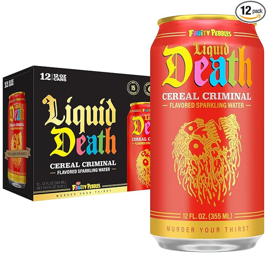 Liquid Death, Cereal Criminal, Fruitty Pebbles-Flavored Sparkling Water, 12-Pack (12oz Cans), Low Sugar, Huge Flavor & No Artificial Sweeteners