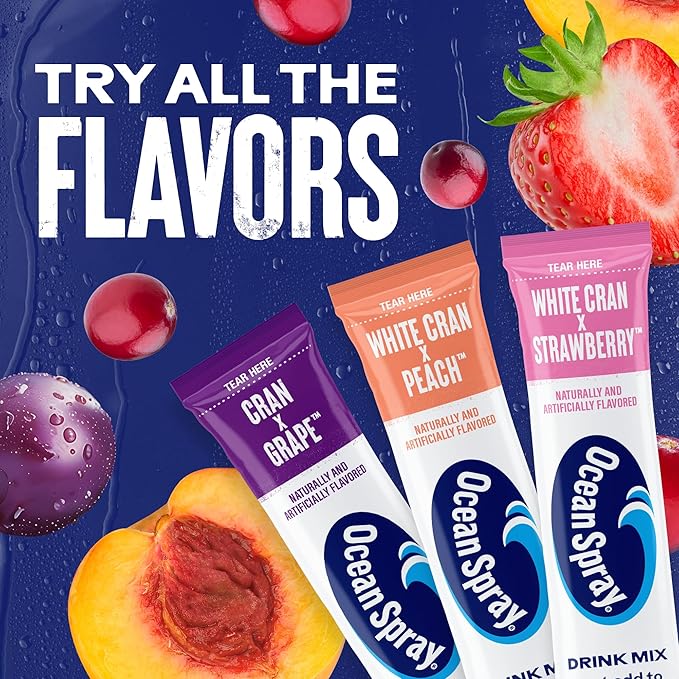 Ocean Spray® White Cran-Peach™ Zero Sugar Powder Drink Mix Packets with Real Cranberry Juice Powder, 100% Vitamin C, No Synthetic Dyes, Juicy Mixes (40ct)