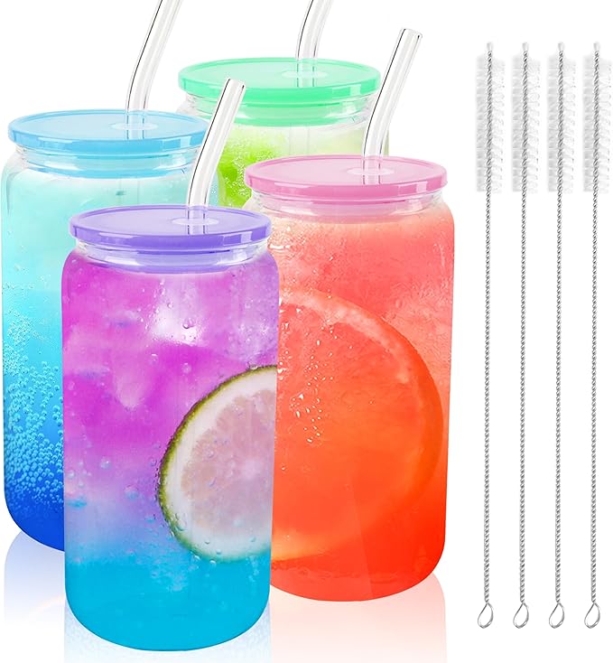 Joyclub 4pcs Glass Cups with Acrylic Lids and Straws 16 oz Can Shaped Glass Iced Coffee Cups with Lids and Straws, Cute Tumbler Cup Drinking Glasses for Smoothie Whiskey Boba Soda Tea Gift
