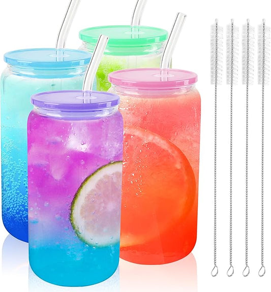 Joyclub 4pcs Glass Cups with Acrylic Lids and Straws 16 oz Can Shaped Glass Iced Coffee Cups with Lids and Straws, Cute Tumbler Cup Drinking Glasses for Smoothie Whiskey Boba Soda Tea Gift