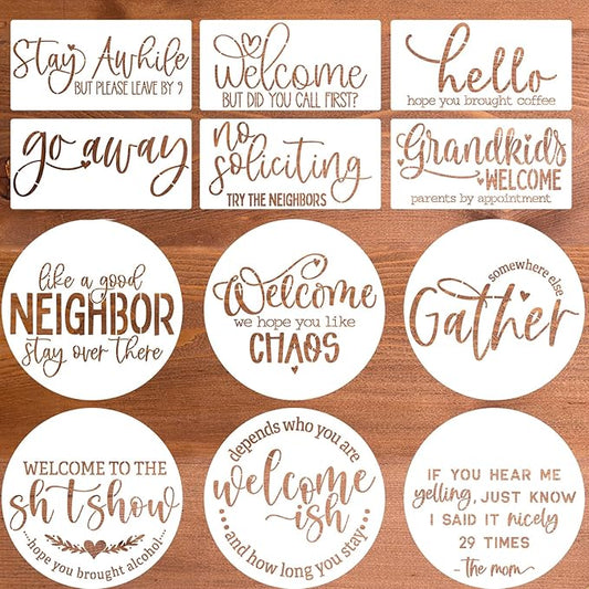 Funny Welcome Stencils for Painting Sarcastic Round Stencil Large Gather Stay Awhile Templates for Door Hanger,Doormat, Porch Sign, Wreath