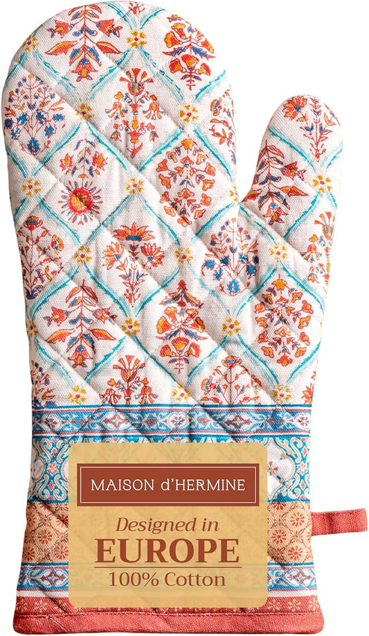 Maison d' Hermine Oven Gloves 100% Cotton Oven Mitt 7" x 13" with Loop Heat Resistant, BBQ, Cooking Gloves, Baking, Grilling, Kitchen, Handling Hot Pans (Pack of 1, Romane)