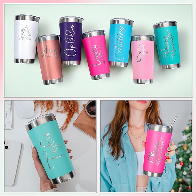 Personalized Tumbler with Engraved Name - 12 Designs, 30 Oz Coffee Tumbler with Slider Lid, Soft Pink, Double Wall Insulated - Gifts for Mom, Custom Gift for Women, Personalized Gift for Her