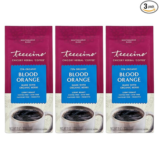 Teeccino Blood Orange Chicory Coffee Alternative - Ground Herbal Coffee That’s Prebiotic, Caffeine Free & Acid Free, Light Roast, 11 Ounce (Pack of 3)