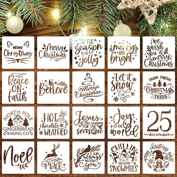 20pcs Christmas Stencils for Painting on Wood, 6' Xmas Holiday Stencil Set with Cardinal, Pet, Nativity Templates