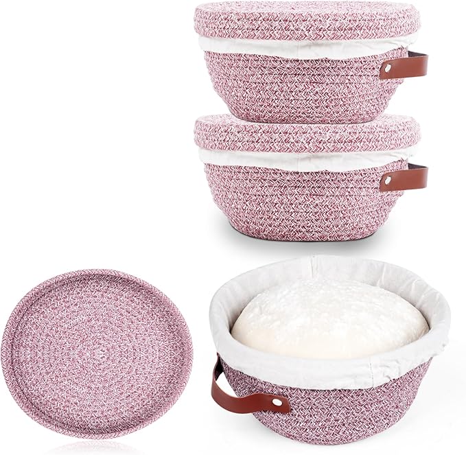 Stackable Cotton Banneton Proofing Basket Set– 2-Pack Bread Baskets (Round + Oval) With Cotton Lids, Sourdough Baking Kit for Home Bakers