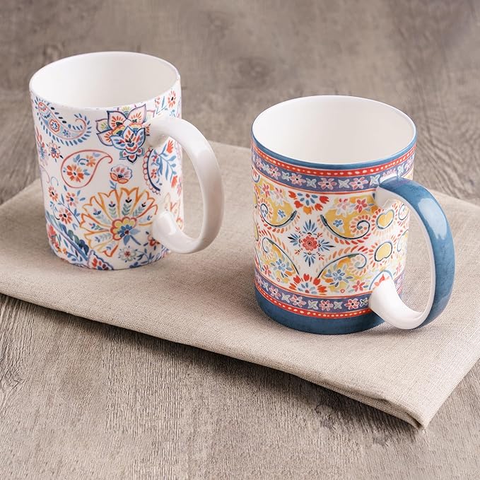 Maison d' Hermine Coffee Mug with Handles Fine Bone China Mugs Pack of Two Tea Cups for Hot Beverages Cappuccino Latte Home Restaurant Office Perfect for Gift (Indian Floral, 15 Ounce)