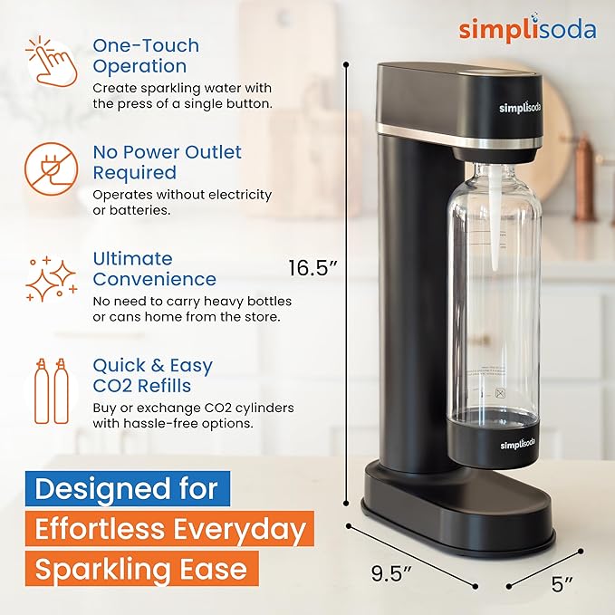 BLÜ Sparkling Water Maker, Premium Soda Streaming Machine, Carbonated Water Machine and Soda Maker - Black (Machine + 1 CO2 Cylinder)