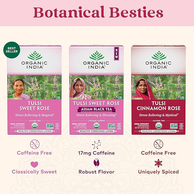 ORGANIC INDIA Tulsi Cinnamon Rose Tea - Tulsi Rose Tea Bags, Cinnamon Tea Bags w/Holy Basil, Chamomile, Caffeine Free - 18 Infusion Bags, 3 Pack