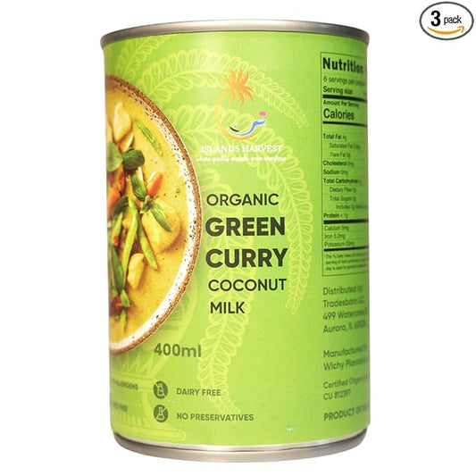 Islands Harvest Organic Green Curry Coconut Milk Pack of 3 - Vegan, Kosher, Halal, Non-GMO, USDA Organic GREEN CURRY - Pure No Added Artificial Flavors, Colors & Preservatives for Curries, Such As Green Beans, Broccoli, Carrot